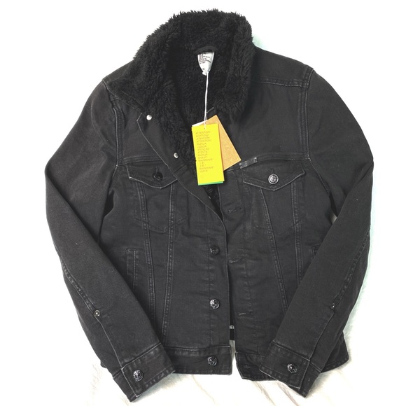 black denim jacket with wool collar